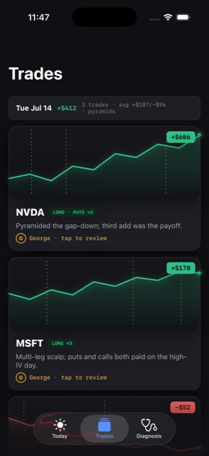 Trades tab — the album with day strips and trade cards